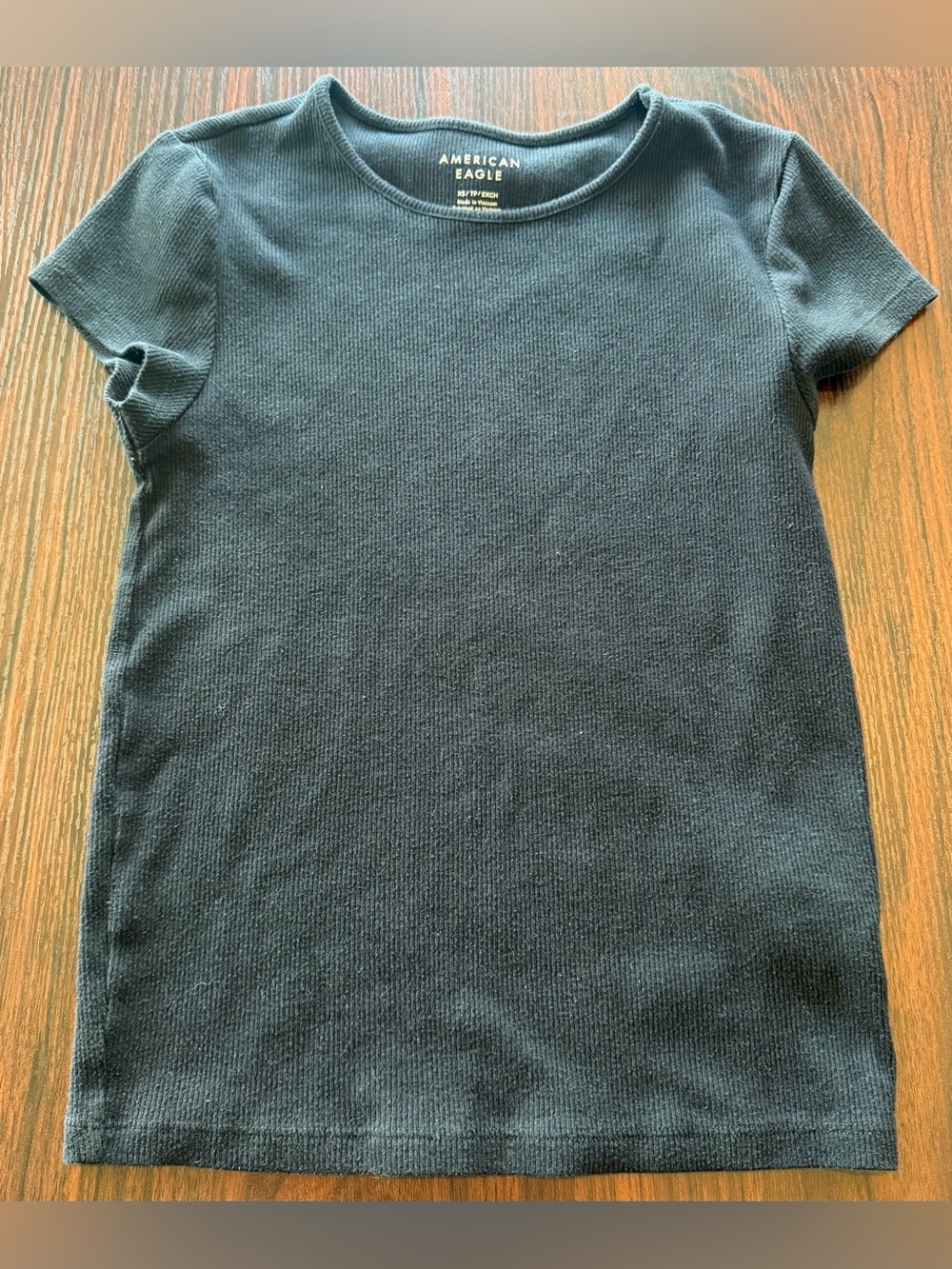 American Eagle Women's Black Ribbed Knit Short Sleeve Fitted Tee Shirt Size XS